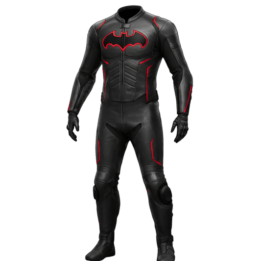 Black superhero suit with red accents on a white background