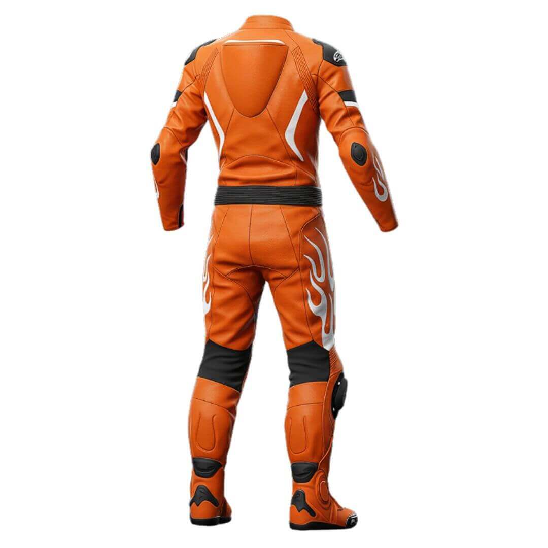 Orange motorcycle leather suit with black accents on a white background