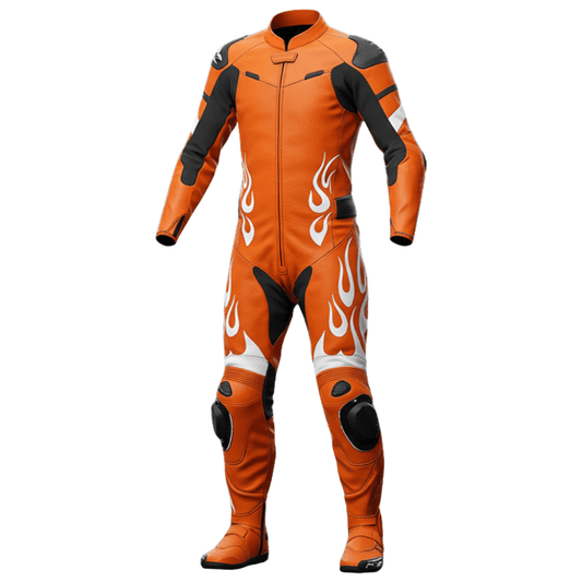 Orange motorcycle suit with black and white flame design on a white background