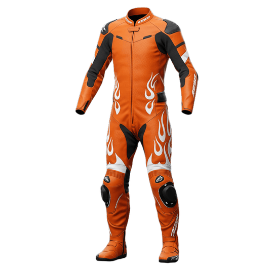 Orange leather motorcycle racing suit made from premium cowhide with protective padding