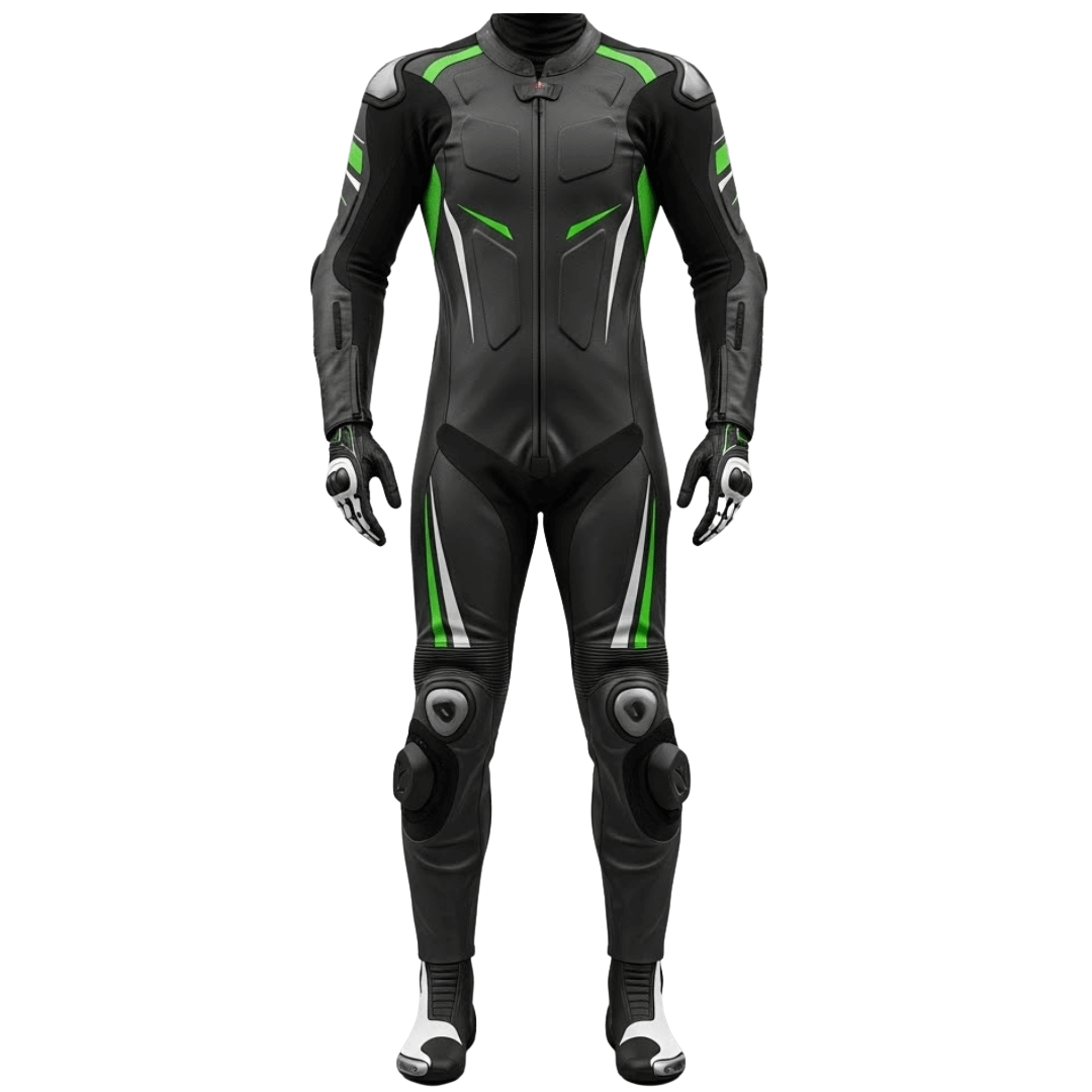 Black motorcycle racing suit with green accents on a white background
