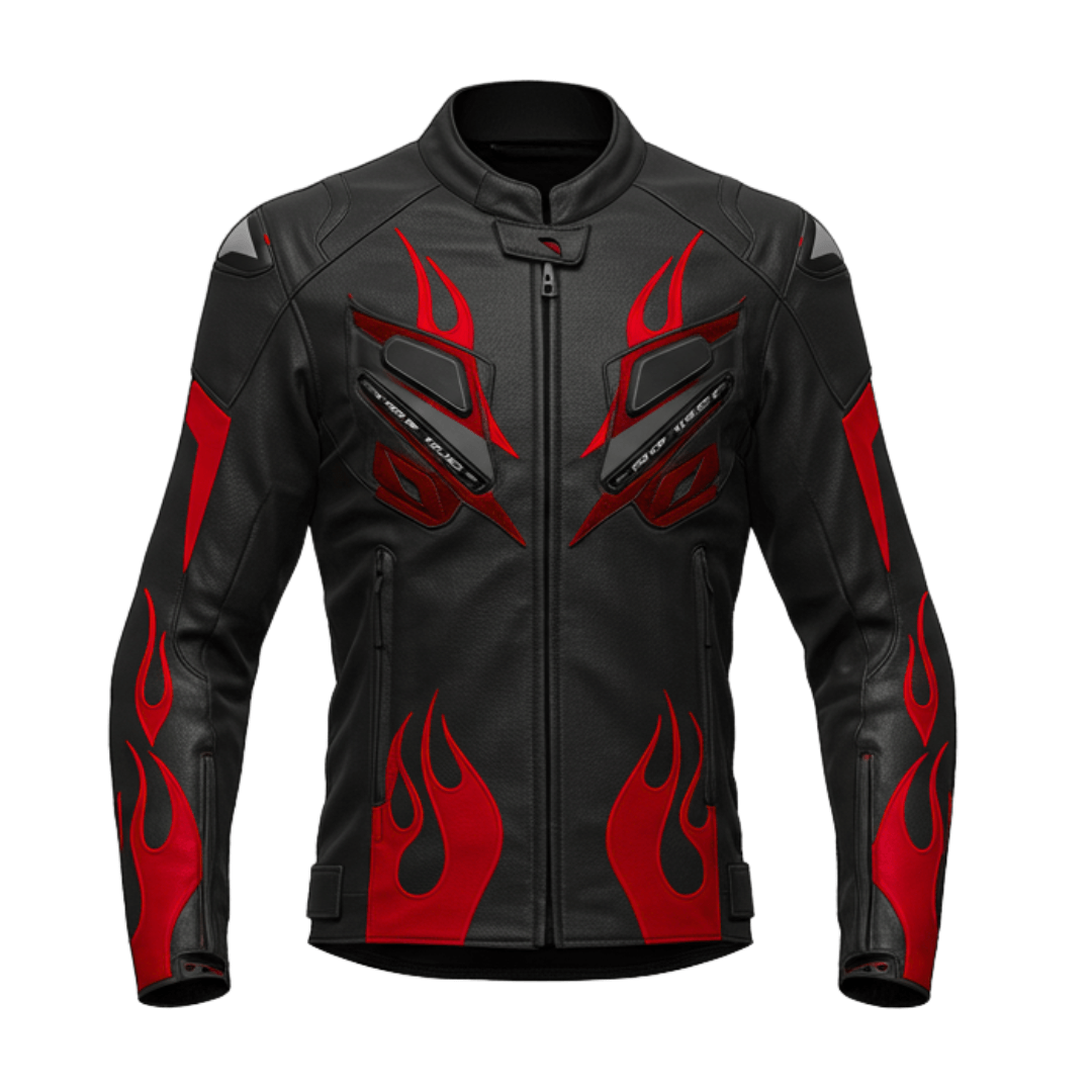 Black leather motorcycle jacket with red flame design