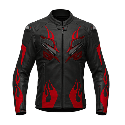 Black leather motorcycle jacket with red flame design