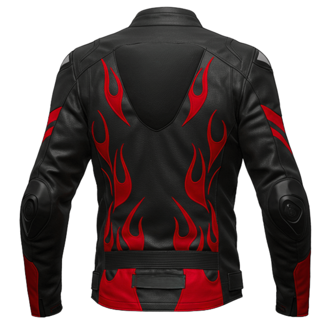 Back view of black and red flame motorcycle racing jacket.