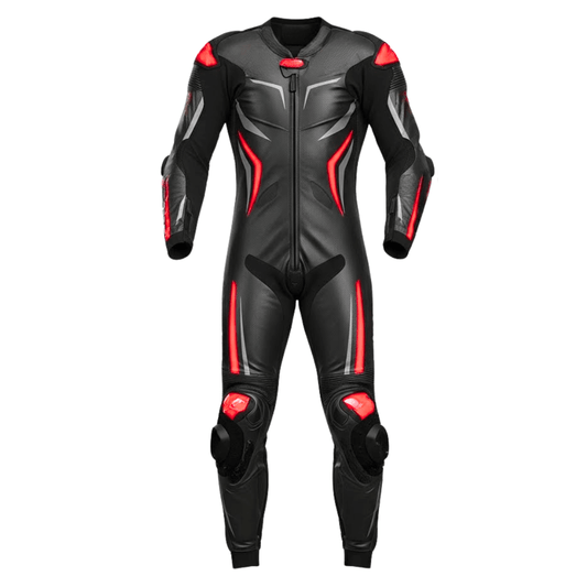 Black and red motorcycle racing suit on a white background