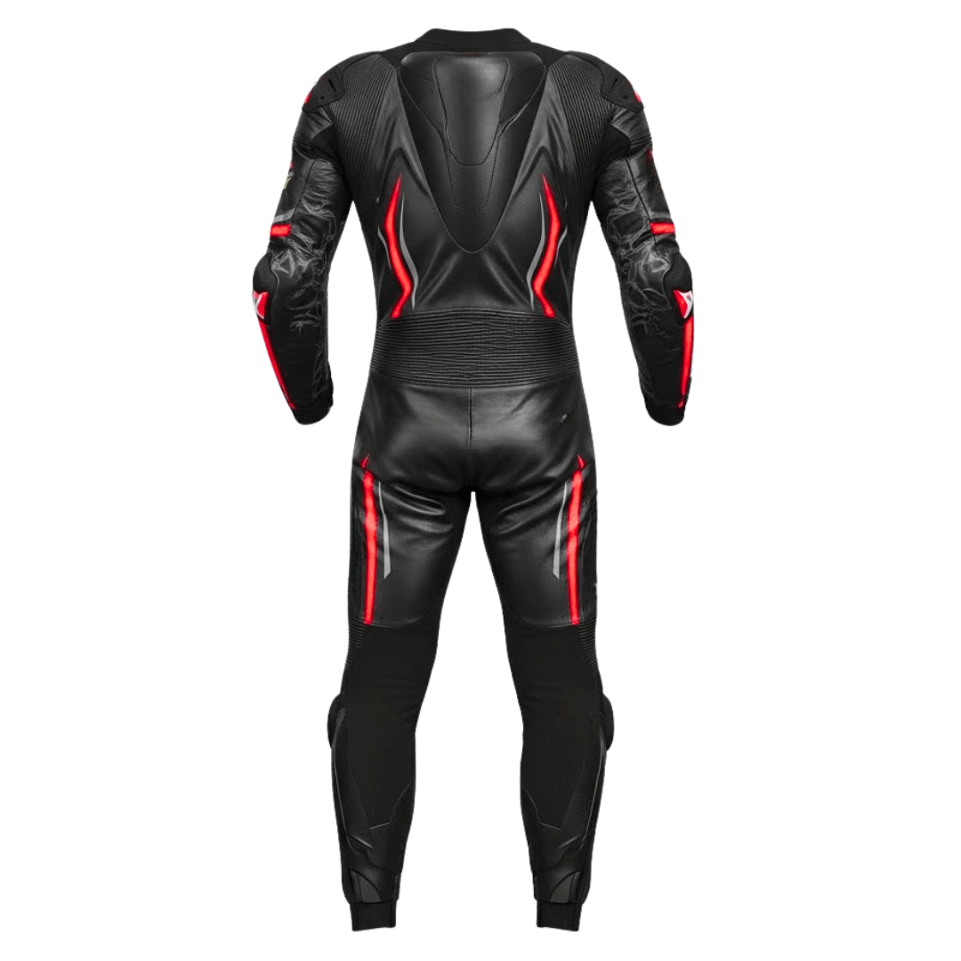 Black leather racing suit with red accents on a white background