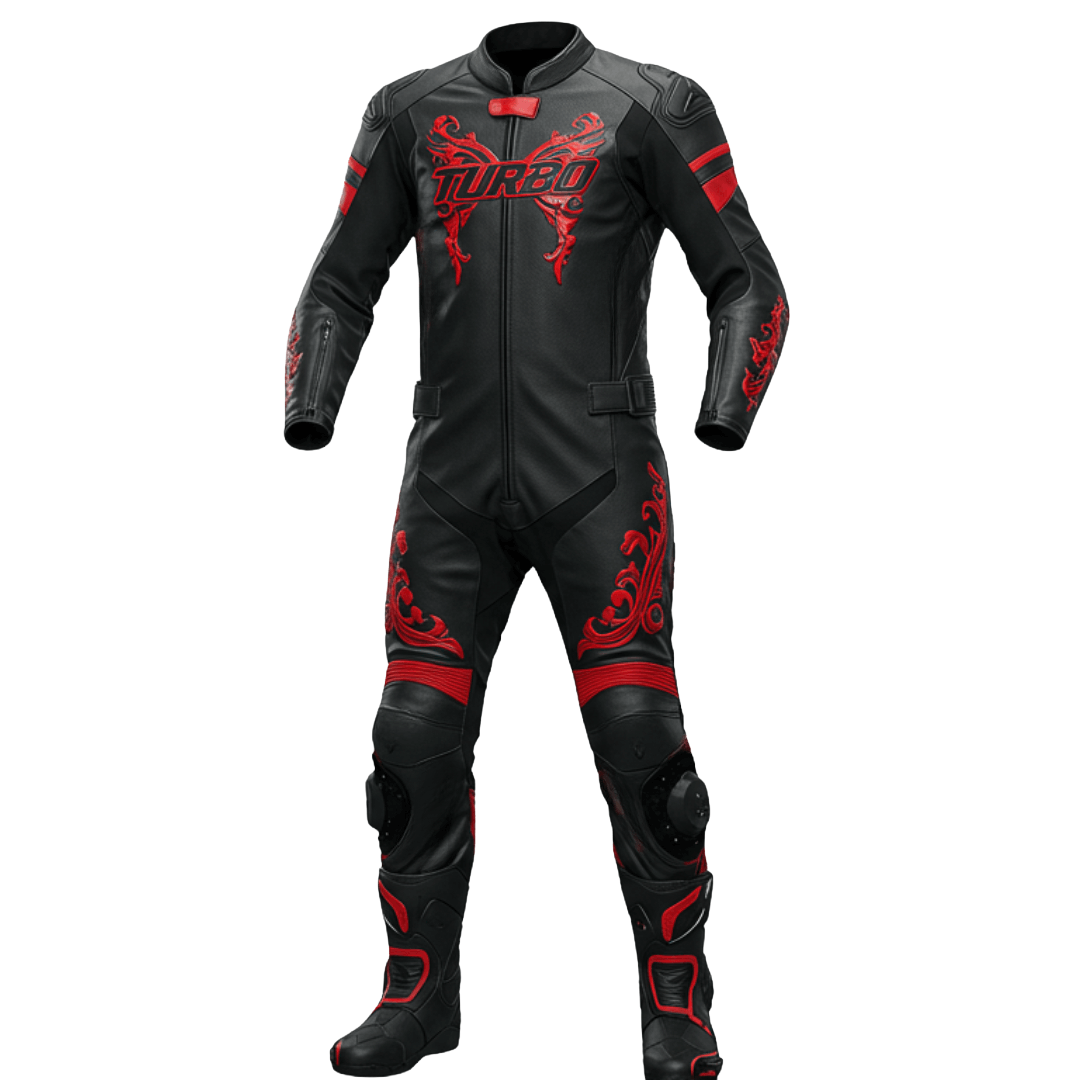 Black and red motorcycle suit with 'Turbo' branding on a white background