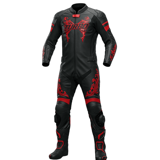 Black and red motorcycle suit with 'Turbo' branding on a white background