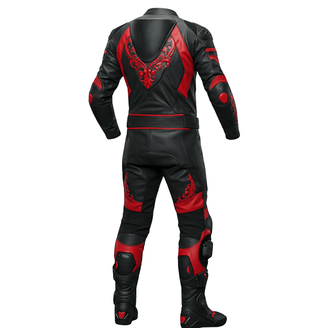 Black and red motorcycle suit on a white background
