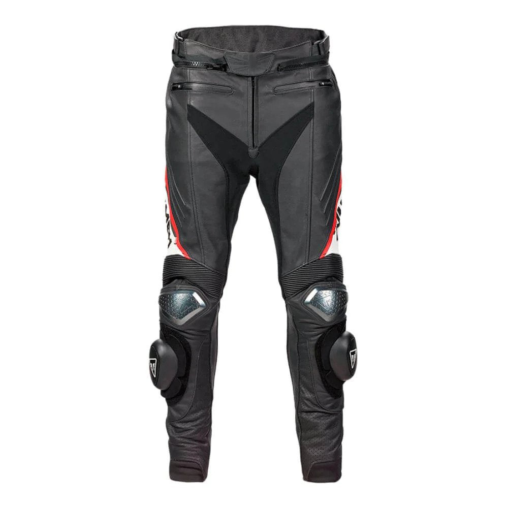 A pair of sports leather motorcycle pants with black, white, and red color blocks, featuring knee and hip protectors, and branded with 'Turbo' logos.
