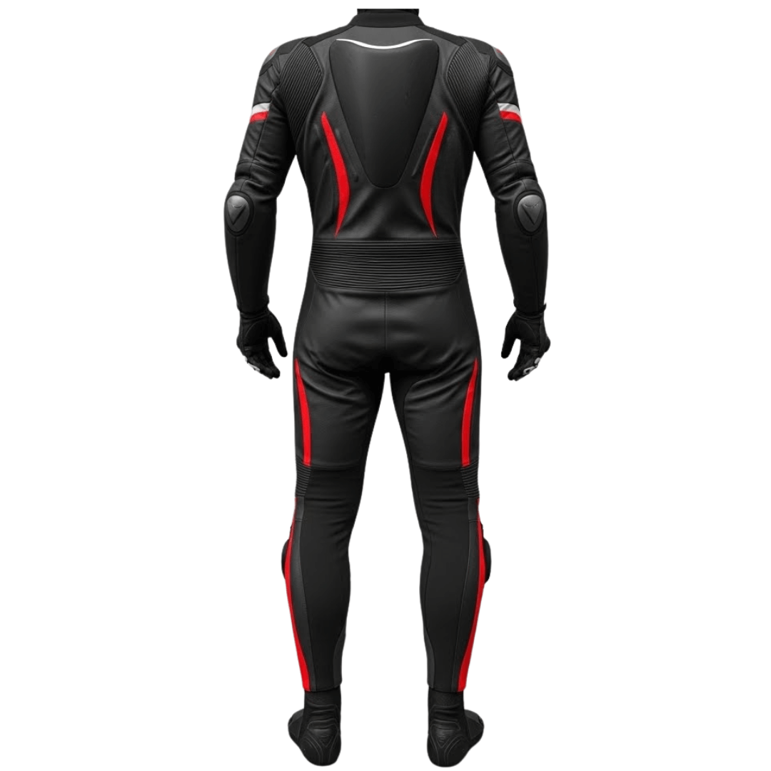 Black motorcycle racing suit with red accents on a white background