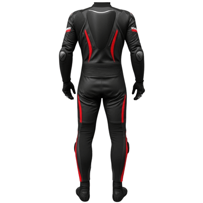 Black motorcycle racing suit with red accents on a white background