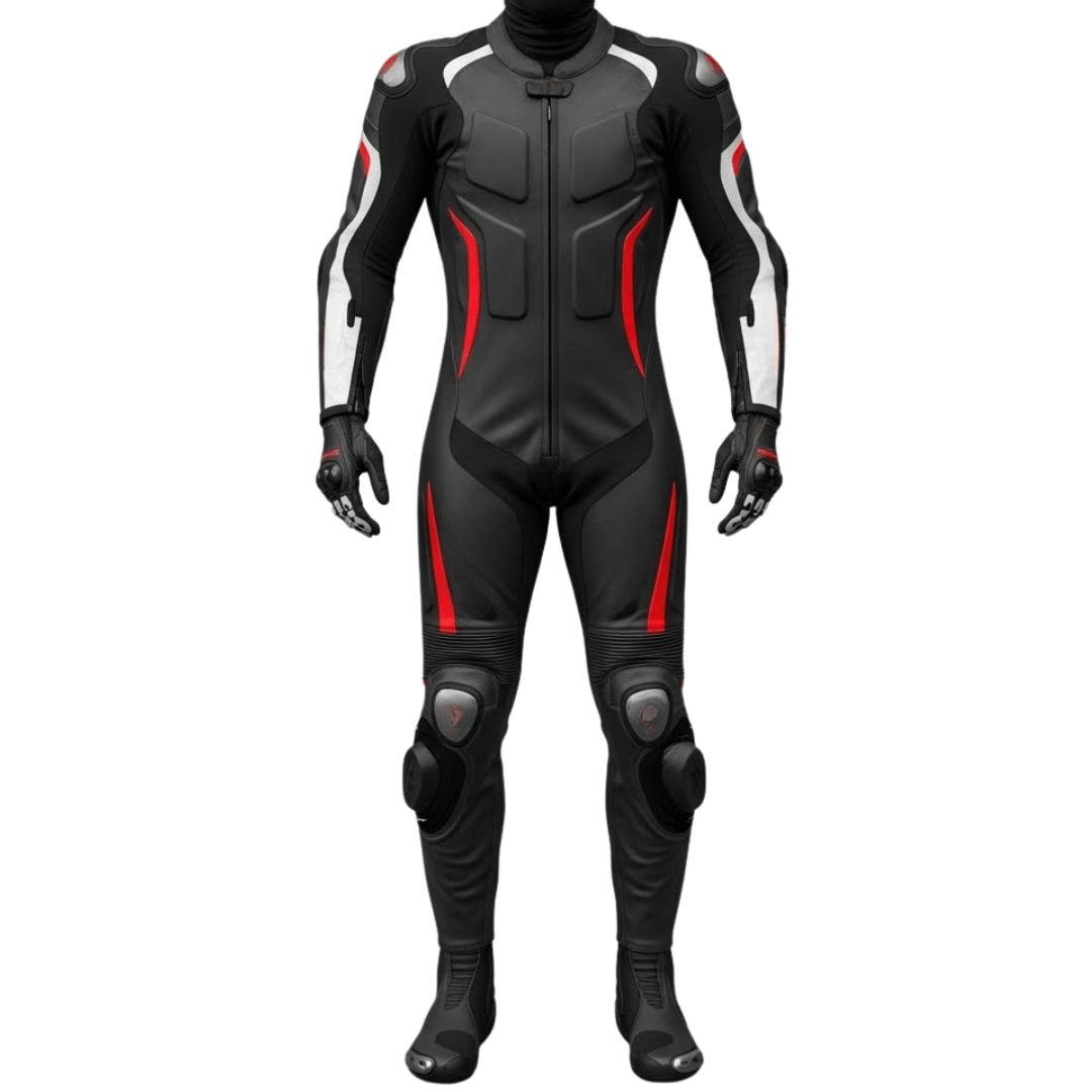 Black motorcycle racing suit with red accents on a white background