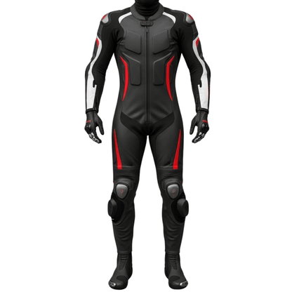 Black motorcycle racing suit with red accents on a white background