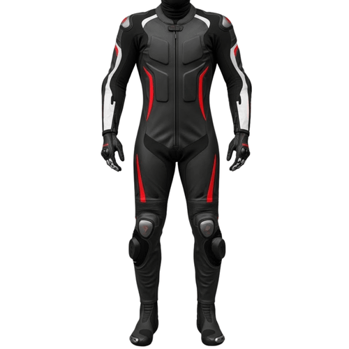 Black motorcycle racing suit with red accents on a white background