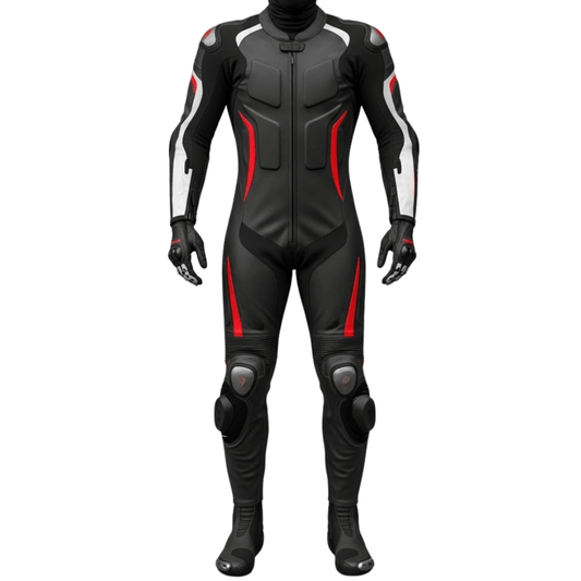 Black motorcycle racing suit with red accents on a white background