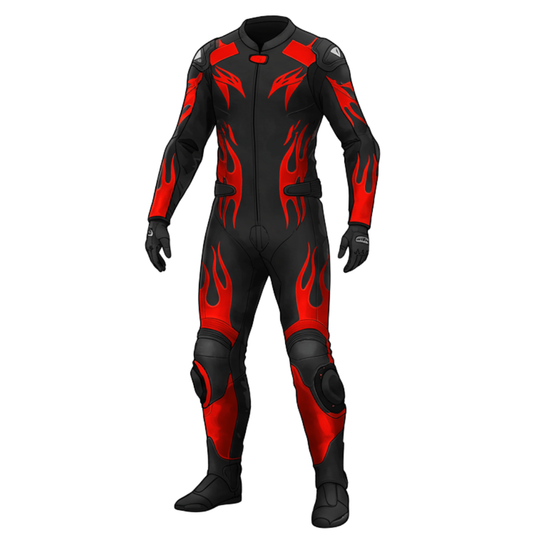 Black and red flame-patterned motorcycle suit on a white background