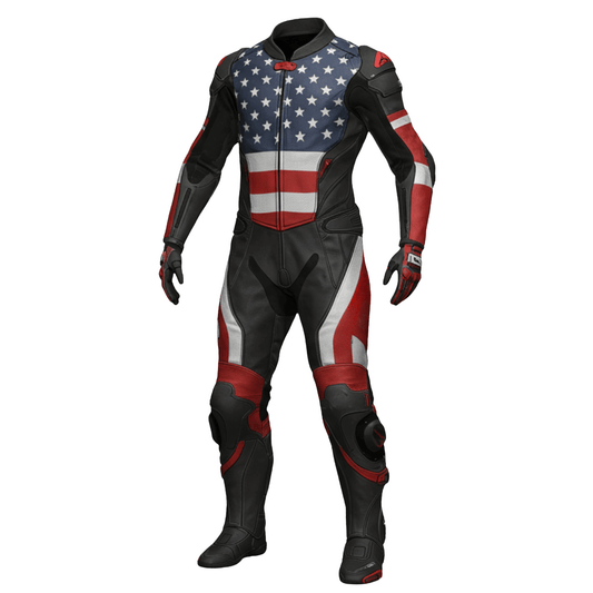 Leather racing suit with American flag design on a white background
