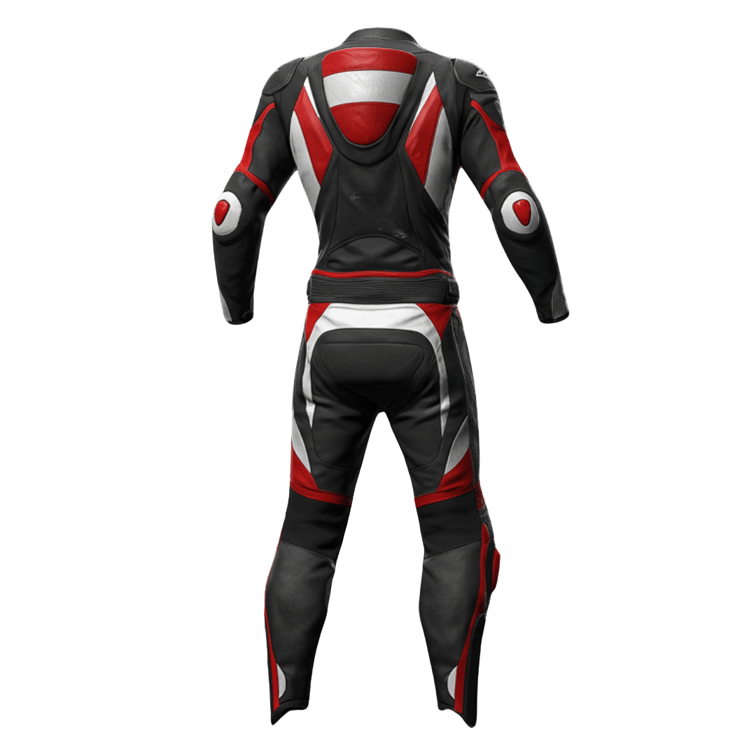 Black, red, and white motorcycle racing suit on a white background