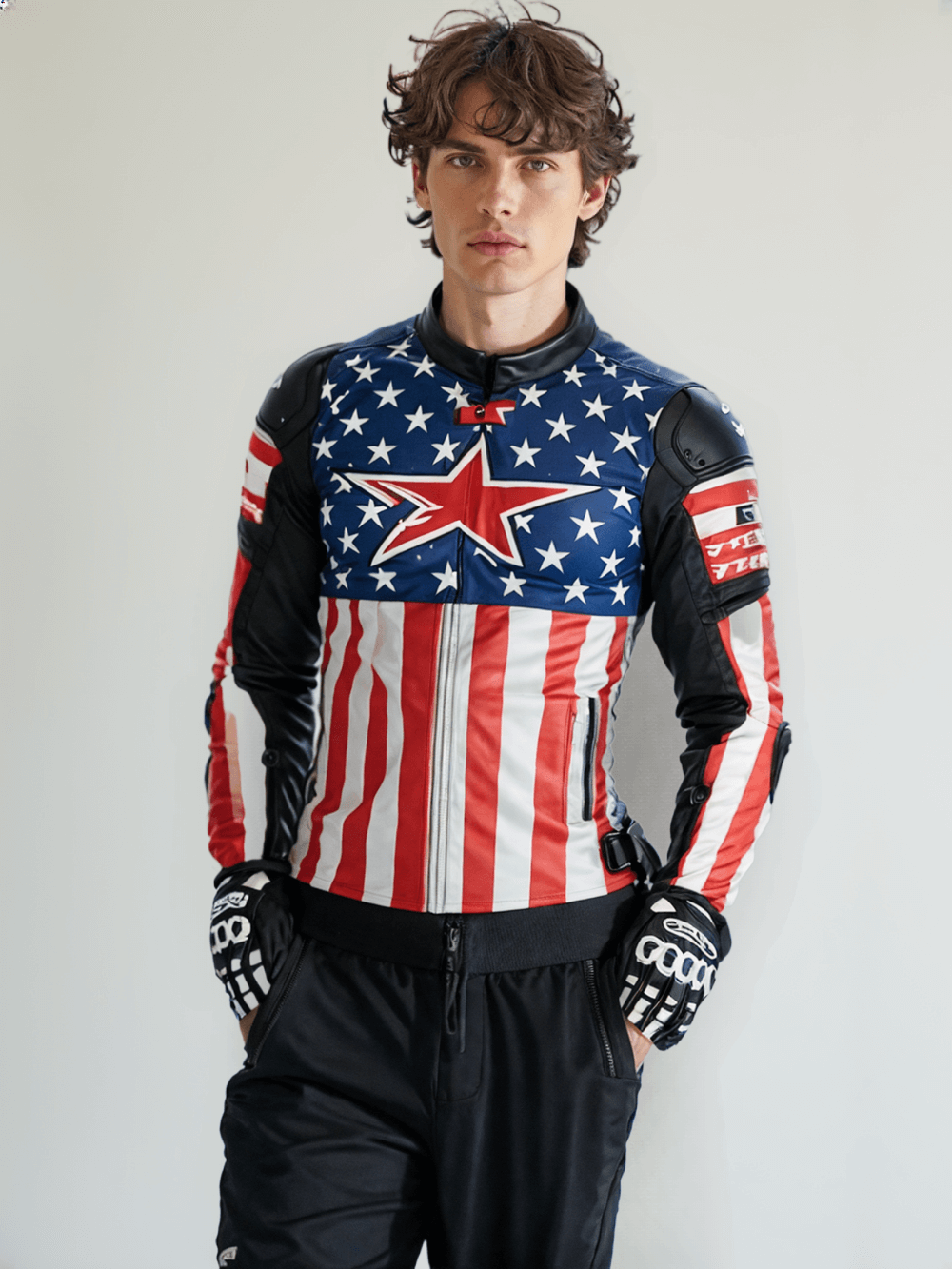 Close-up of a motorcycle jacket with a bold red, white, and blue American flag pattern.
