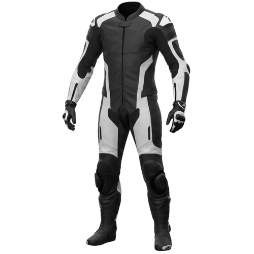 Black and gray motorcycle racing suit on a white background