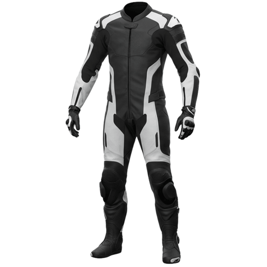 Black and gray motorcycle racing suit on a white background