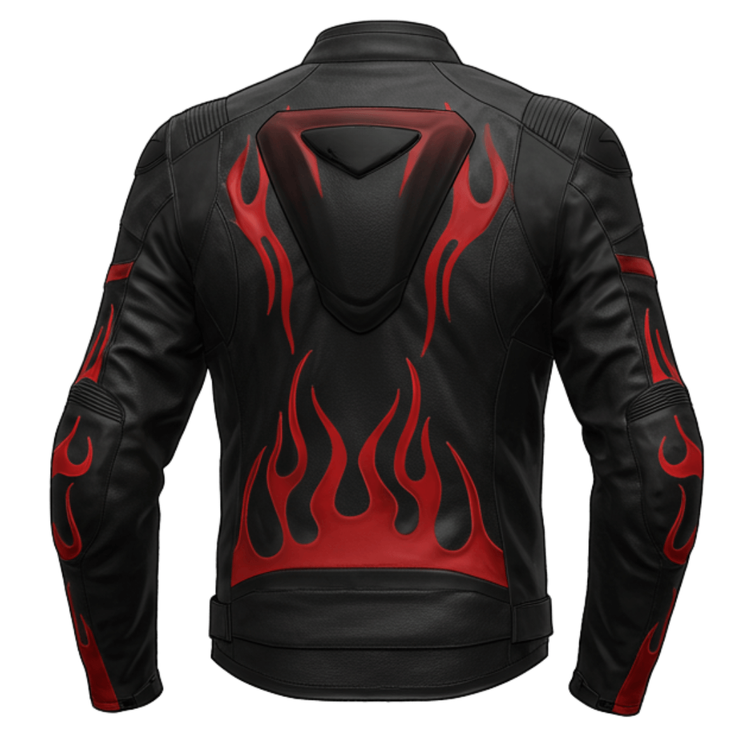 Back view of a black leather motorcycle jacket with red flame patterns rising from the bottom, an aerodynamic padded panel on the upper back, and reinforced stitching for durability.

