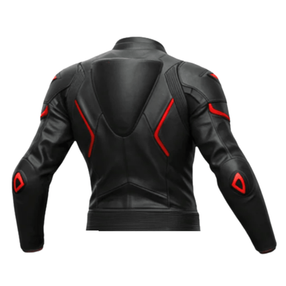 Black leather jacket with red accents on a white background