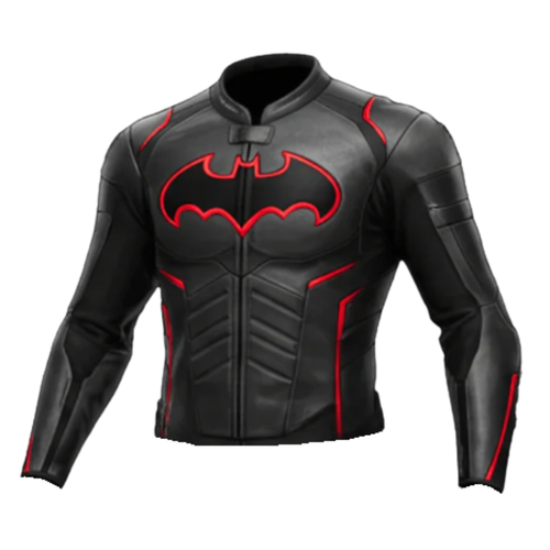 Black leather jacket with red bat symbol on a white background