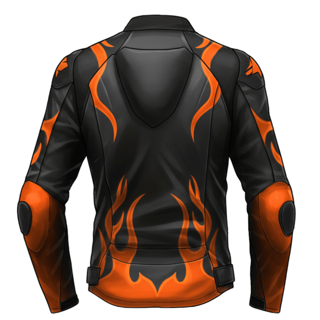 Back view of a black motorcycle leather jacket featuring a striking orange flame pattern and durable construction.
