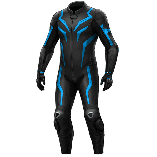 Black motorcycle suit with blue accents on a white background