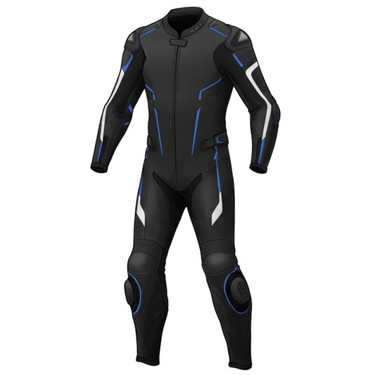 Black and blue motorcycle leather suit with CE-approved armor and spine protection