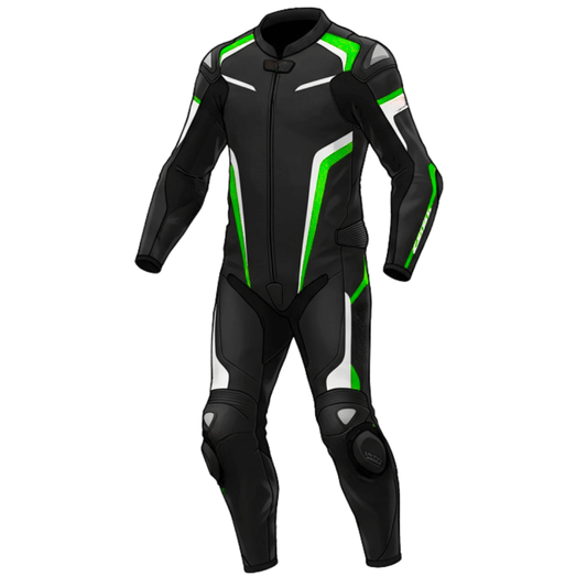 Black motorcycle racing suit with green accents on a white background