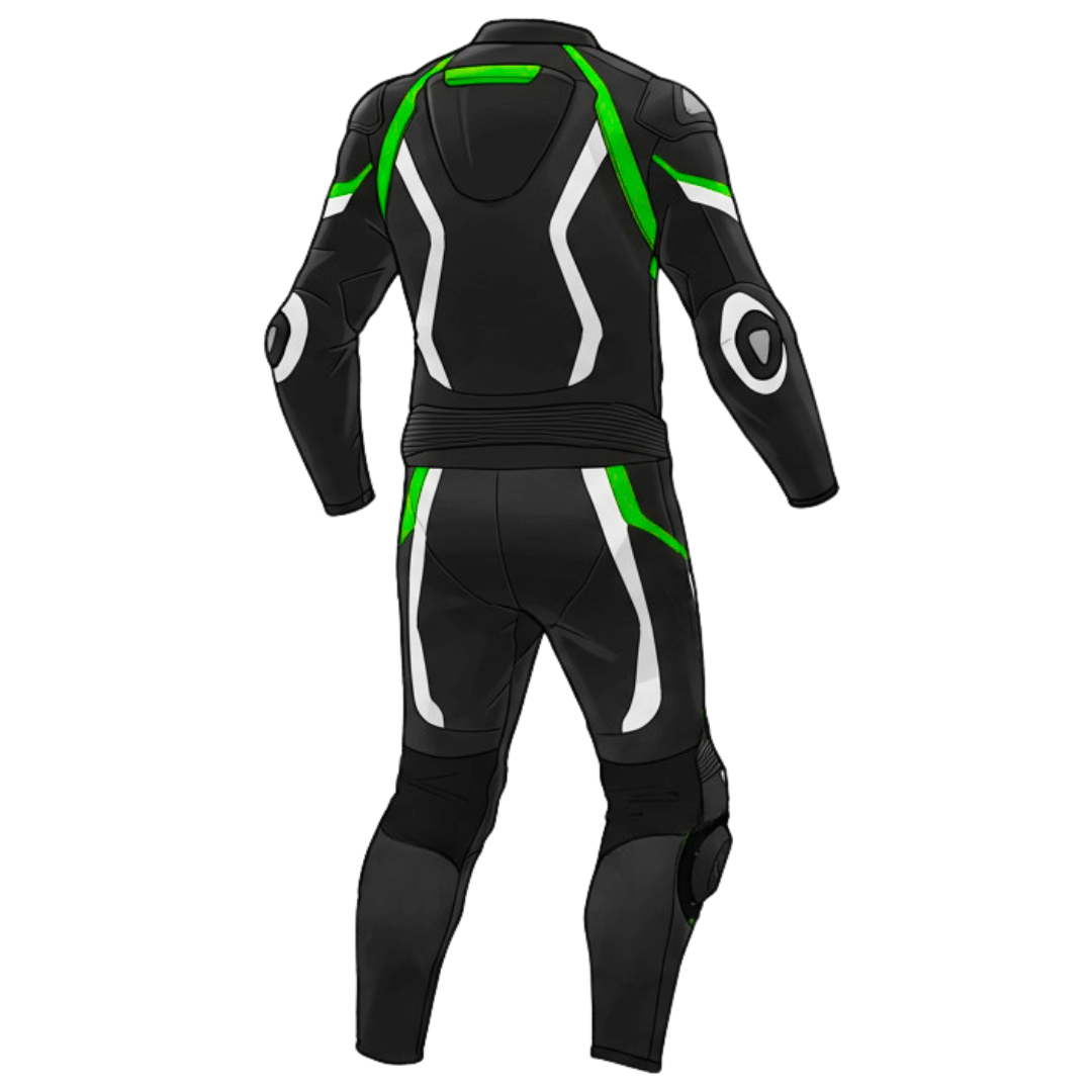 Black motorcycle suit with green and white accents on a white background