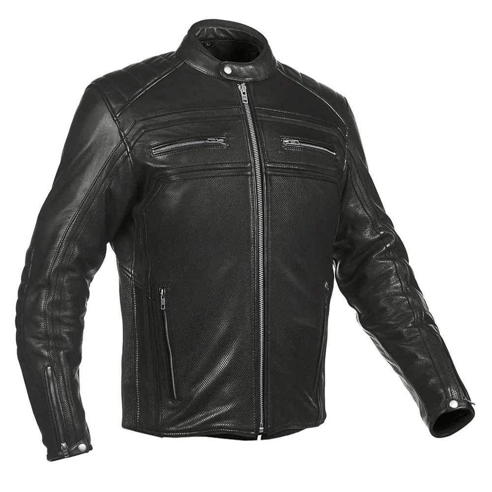 A black leather motorcycle jacket with a mandarin collar, zipper cuffs, and embroidered leather applique graphics on the arms and back.