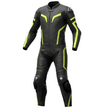 Black leather motorcycle suit with yellow accents on a white background