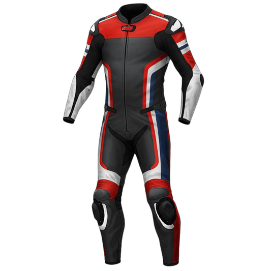 Black, red, and blue motorcycle leather racing suit for men

