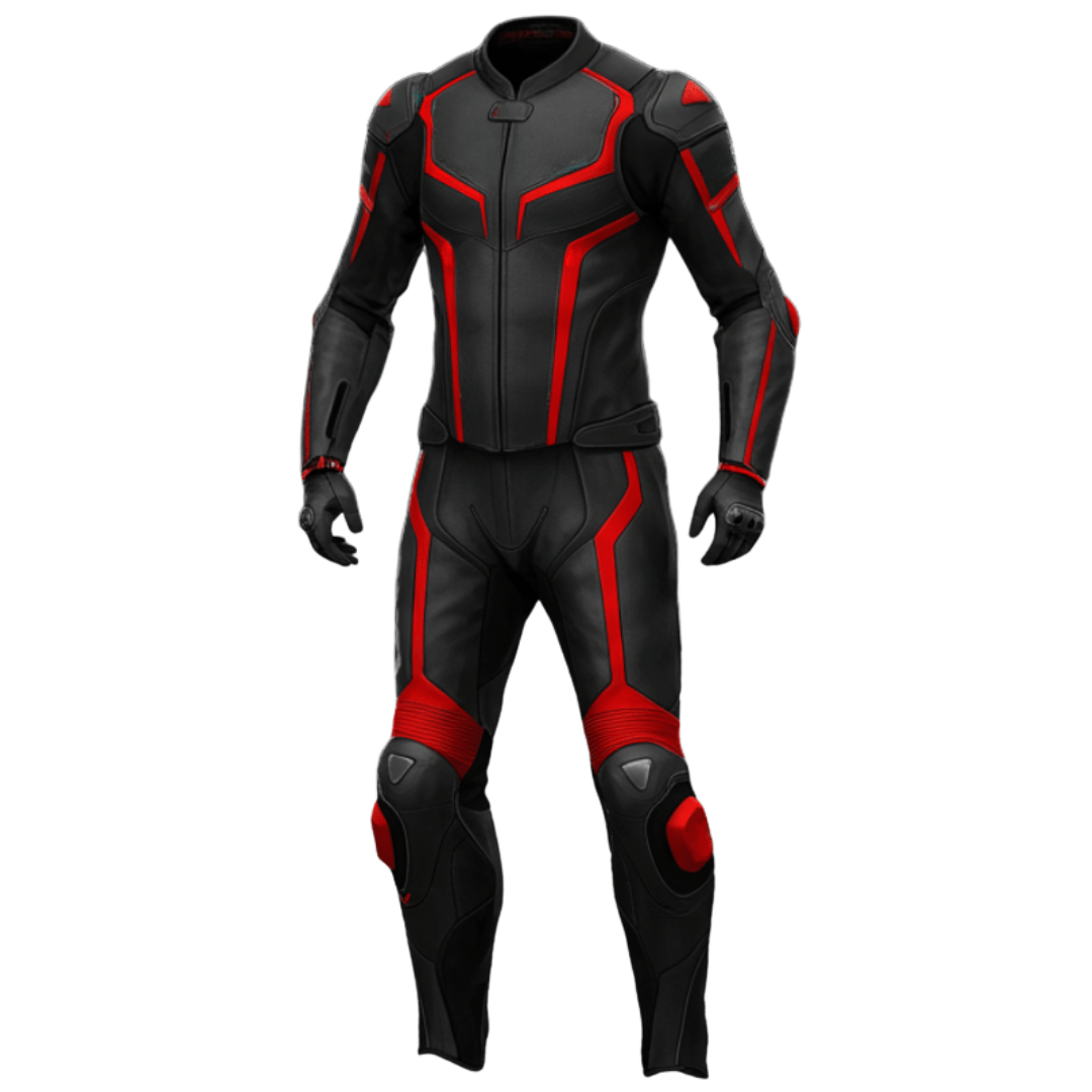 Black and red motorcycle suit on a white background