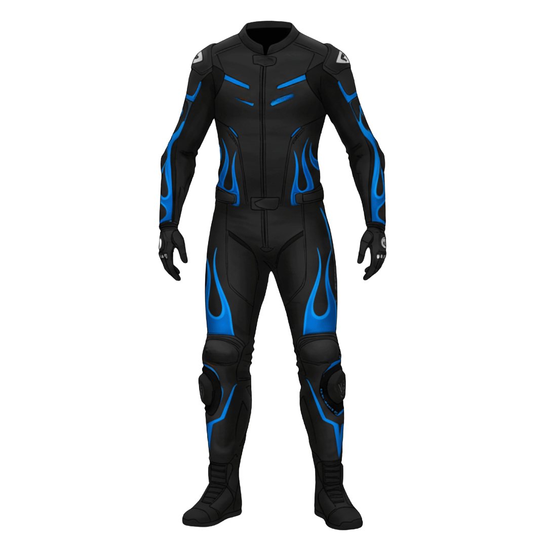 Black motorcycle suit with blue accents on a white background