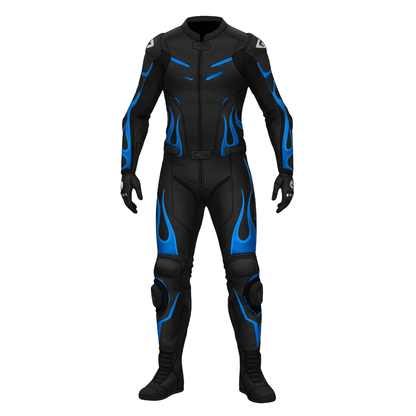 Black motorcycle suit with blue accents on a white background