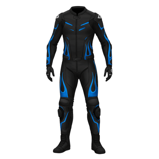 Black motorcycle suit with blue accents on a white background