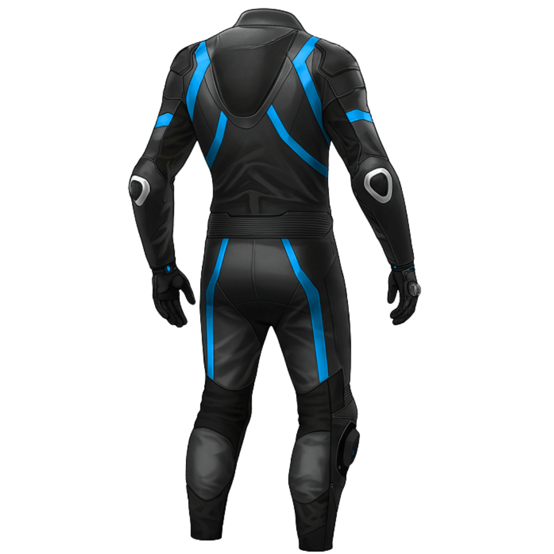 Black motorcycle suit with blue accents on a white background