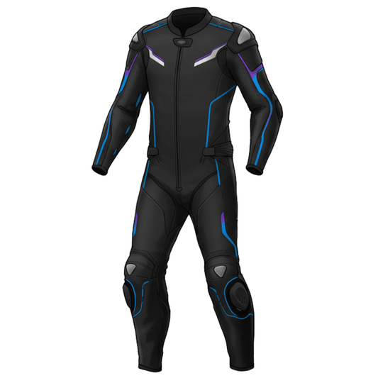 Blue and black motorcycle leather suit with CE-certified protective armor