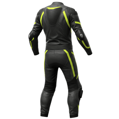 Black leather motorcycle suit with yellow accents on a white background