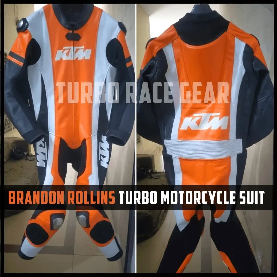 Front and back views of a Brandon Rollins orange, white, and black KTM motorcycle racing suit displayed on a mannequin. The image features a split-screen layout showing both the front and back of the suit, with a text overlay at the bottom reading 'BRANDON ROLLINS TURBO MOTORCYCLE SUIT'.