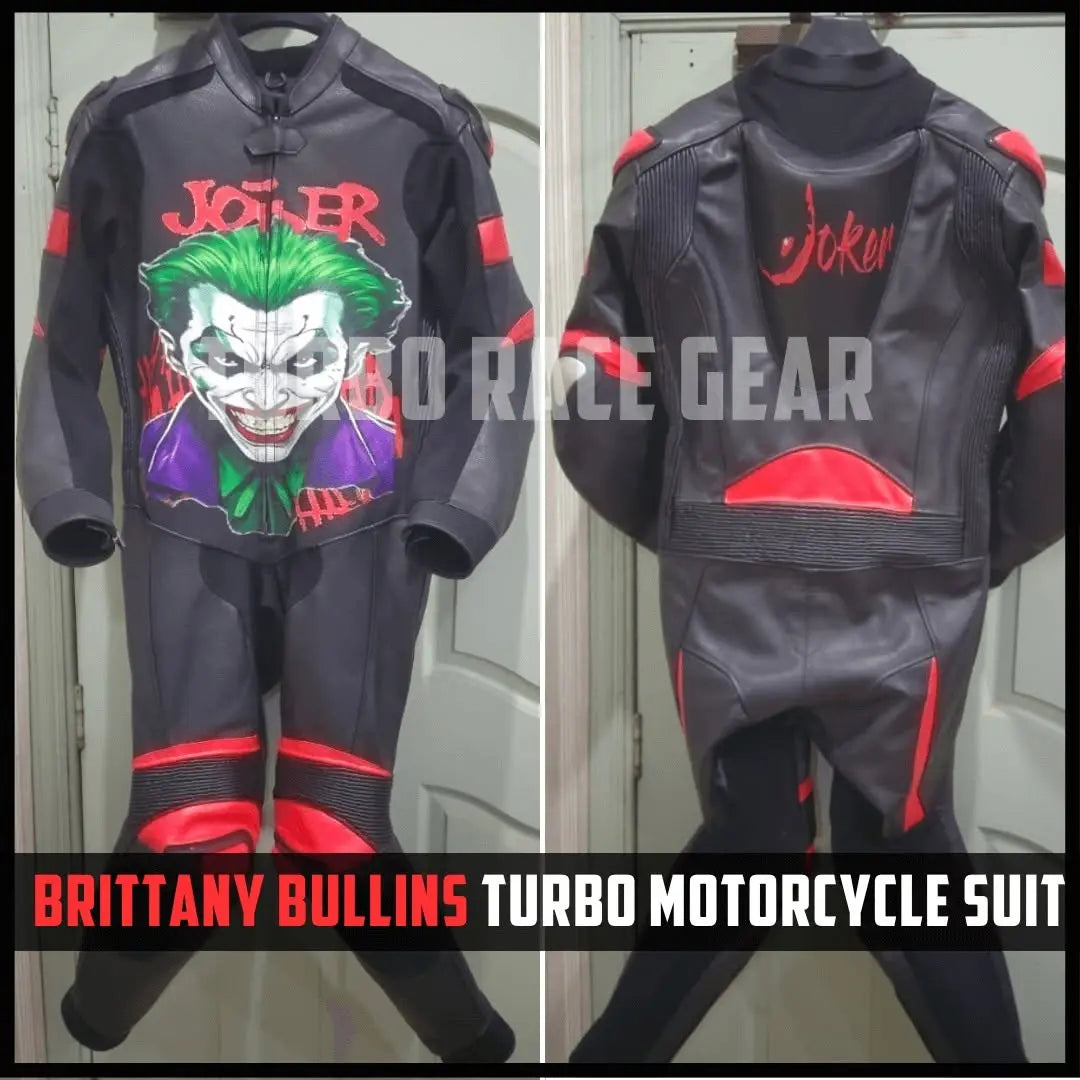 Front and back views of a black leather motorcycle suit featuring a large Joker graphic on the front and 'Joker' script on the back, with red accents and a watermark reading 'GO RACE GEAR'.