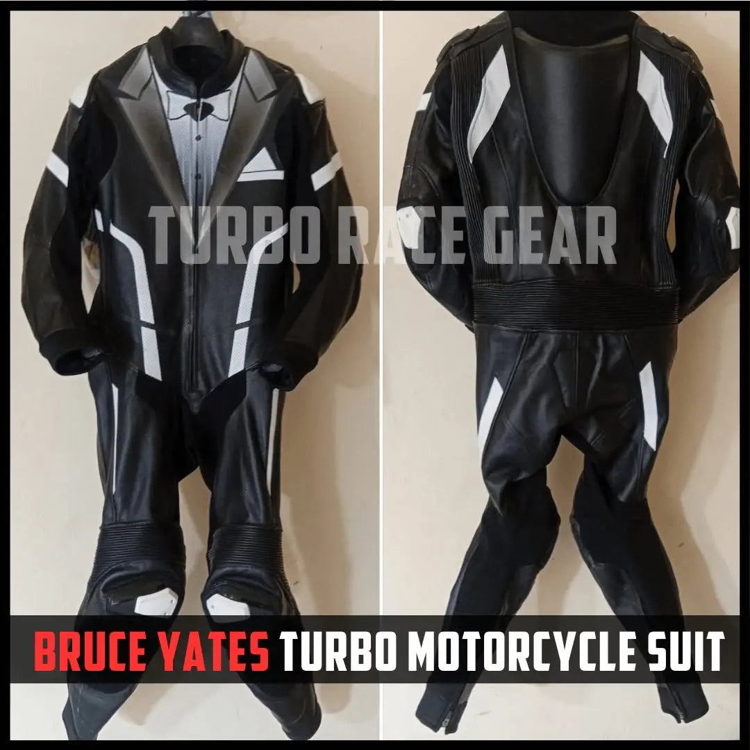 Black faux leather Bruce Vates Turbo motorcycle suit displayed on a mannequin, shown from the front and back against a beige background, with a watermark 'TURBO RACE GEAR' and a text banner at the bottom.