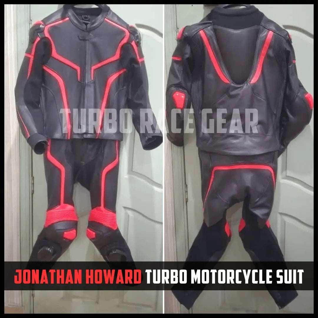 Black and red motorcycle racing suit shown from both front and back views, featuring a full zip jacket and matching pants with bright red contrast panels, displayed against a white paneled door.