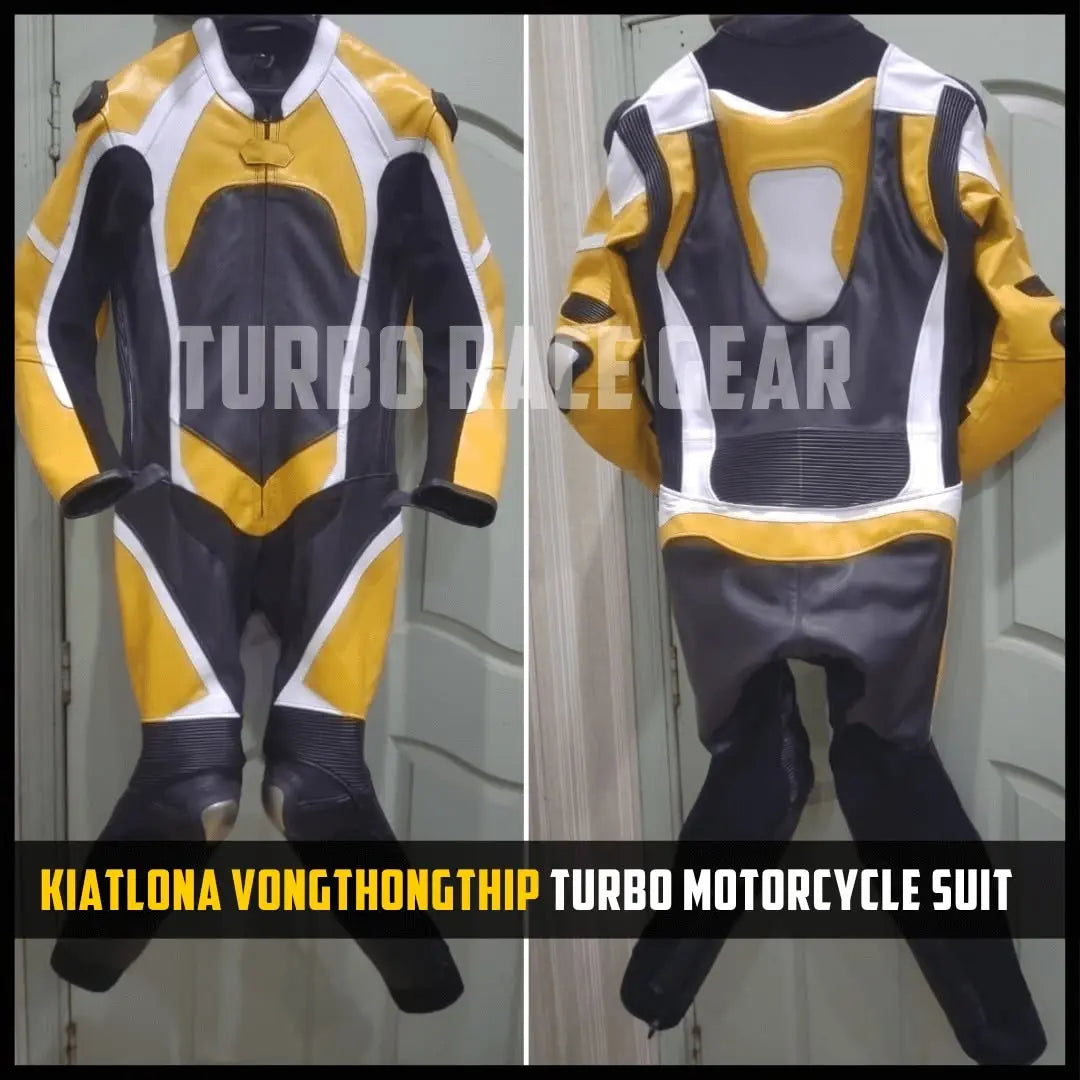 A full-body motorcycle racing suit shown from both front and back views, featuring a color scheme of black, yellow, and white. The image is set against a domestic door background with a prominent watermark 'TURBO RACE GEAR' and a text banner at the bottom.