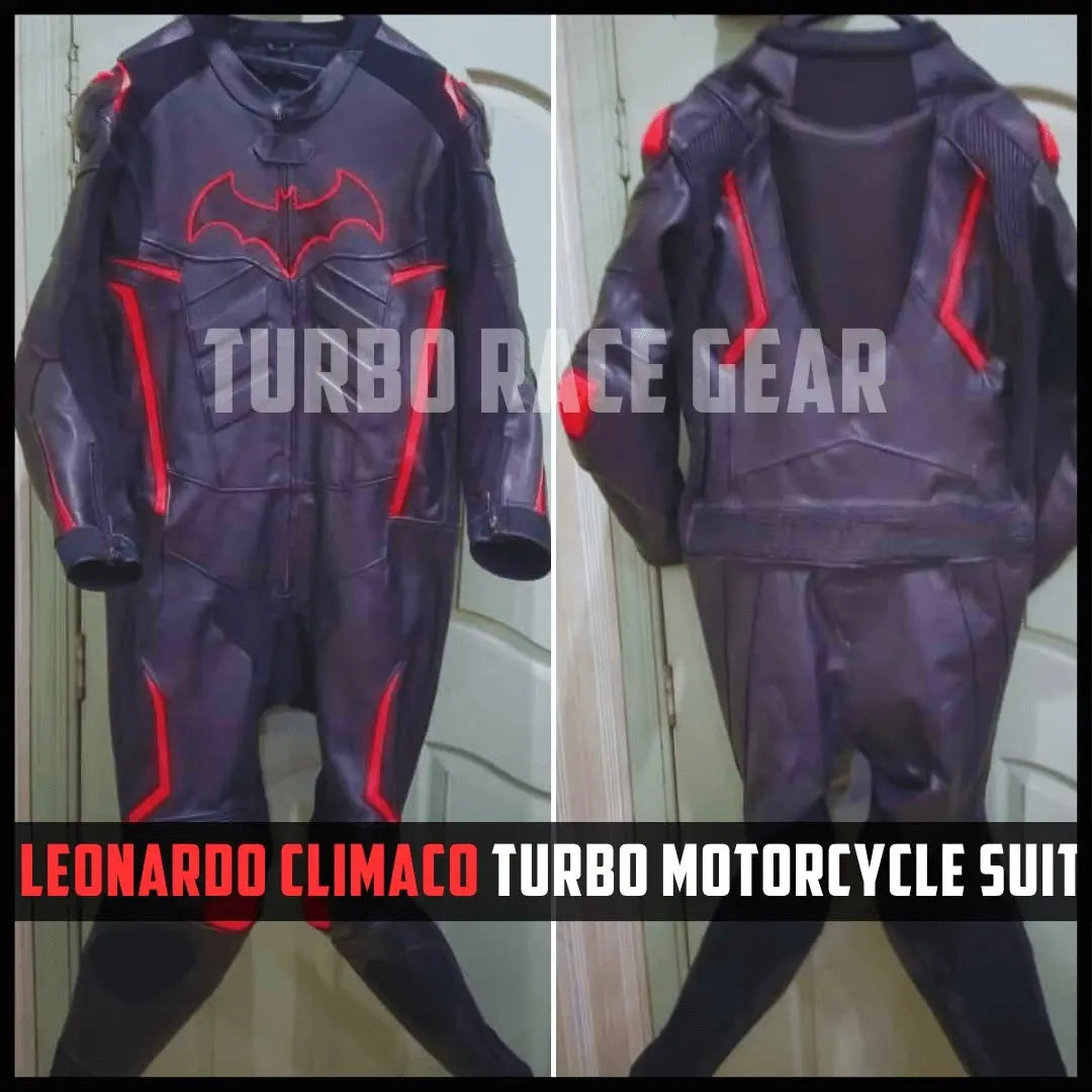 A split-view product photo showing a black and red motorcycle suit, front view on the left and back view on the right, displayed on a hanger against a light-colored door. The suit features a Batman-inspired bat emblem on the chest.
